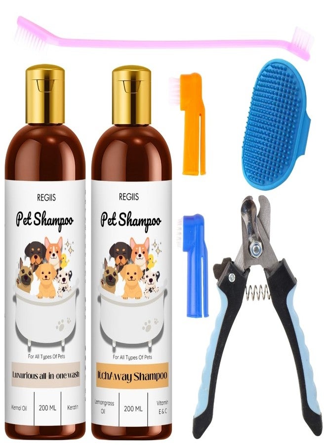 مجموعة ريجيس للعناية بالحيوانات الأليفة مع مجموعة شامبو للكلاب، 2 × 200 مل تركيبة شاملة للغسل وإزالة الحكة، تتضمن فرشاة وأدوات تنظيف (عبوة من 5 قطع) - Image 1